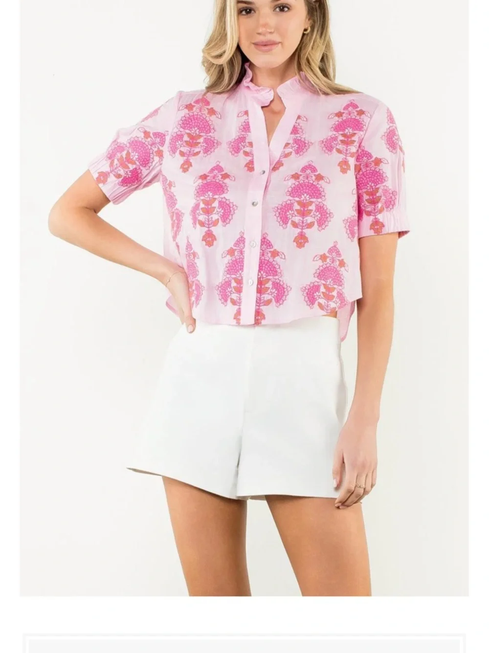 THML Pink Floral Quinn Short-Sleeve Button Front Top - Picture 8 of 10